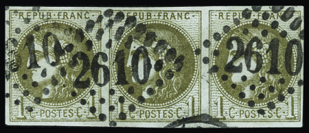N°39B 1c olive Report 2, bande de trois, obl. GC 2610