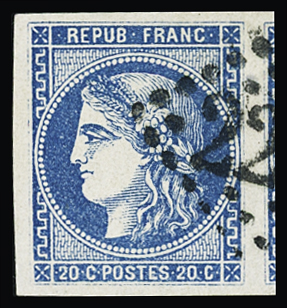 N°46B 20c bleu, belles marges avec voisin, obl. propre,