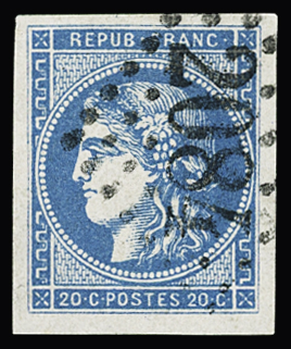 N°45B 20c bleu, belles marges, obl. propre GC 2084
