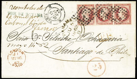 N°17B 80c rose en bande de 3 OBL losange de points "K" + CAD "K Paris K" (1862) sur lettre pour Santiago du Chili avec CAD de transit Panama au recto. TB