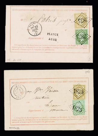 2 avis roses de renseignements sur le sort d'un chargement : n°35 + 59 OBL GC 1825 + T17 "Inor (53)" (juin 72) et n°20 + 59 OBL GC 2875 + T16 "Plancy (9)" (fev 72), TB