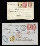 2 lettres : n°38 + 57 + 58 OBL GC 716 + T17 "Cancale (34) (1873) sur lettre pour un marin à Callao (Pérou) et n°38 + 57 en paire OBL étoile 4 + CAD "Paris R. d'Enghien" (1873) sur lettre pour Véra-Cruz, TB
