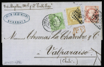 3 lettres : n°32 + 60, 2 pièces, OBL GC 1769 + T17 Le Havre (1872) sur lettre pour Lima. N°38 + 57 + 58 OBL GC 532 + T17 Bordeaux (aout 1872) sur lettre pour Valparaiso, TB