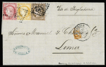 3 lettres : n°32 + 60, 2 pièces, OBL GC 1769 + T17 Le Havre (1872) sur lettre pour Lima. N°38 + 57 + 58 OBL GC 532 + T17 Bordeaux (aout 1872) sur lettre pour Valparaiso, TB