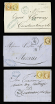 9 lettres AFF Empire non dentelé (2) et dentelé (7) OBL ancre + CAD de paquebots : Mersey - Cydnus - Indus-Neva - Godewery (bleu) - Meinam (bleu) - Danube - Borysthène Simois. TB