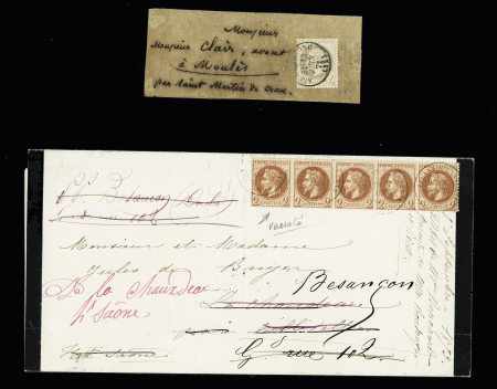 2 plis : n°27 OBL T16 "Arles-s-Rhone (12)" (1871) sur bande et n°26, bande de 5 OBL T17 "Conflans-s-Lanterne (69)" (1873) sur faire part de deuil