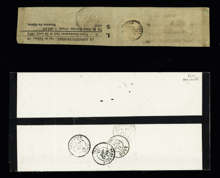 2 plis : n°27 OBL T16 "Arles-s-Rhone (12)" (1871) sur bande et n°26, bande de 5 OBL T17 "Conflans-s-Lanterne (69)" (1873) sur faire part de deuil