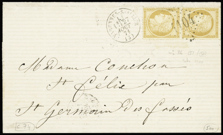N°36 en paire OBL GC 4104 + T16 "Varennes-s-Allier (3)" (aout 1871) sur lettre, TB