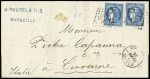 N°46B, report 2 OBL GC 338 (Bastia) + CAD "1 Marseille 1" (1871) sur lettre, Salles n°433, ind 18