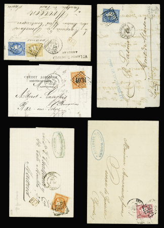 5 lettres dont n°44 OBL losange de points "IB" + CAD ambulant "Irun à Bordeaux B" (1870 - signé Calves), n°48 seul (2), n°49 seul