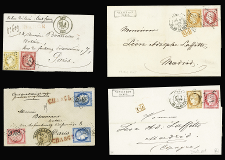 4 lettres : n°57 (def) + 59 OBL GC 127 + T17 Apt (1874) sur lettre chargée. N°57 + 60, 2 pièces OBL GC 2668 + T17 "Nogent-en-Bassigny (27)" (1874) sur lettre chargée (VD 191F)