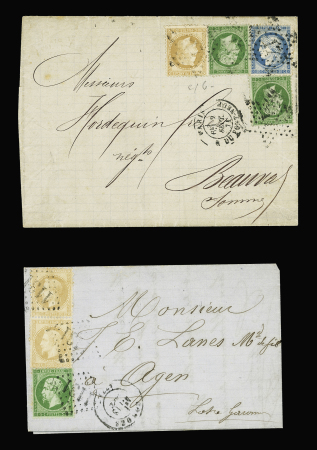 2 lettres : n°20 + 28 en paire OBL GC 1131 + T17 "Cordes (77)" (13 sept 71) et n°20, 2 pièces + 28 + 37 OBL étoile 17 + CAD "Paris R. du Pont-Neuf" (2 sept 71), TB