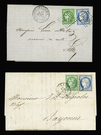 2 lettres : n°37 + 42 OBL GC 3816 + T17 "St Pierre les Calais (61)" (14 sept 71) et n°37 + 42 OBL losange de points ambulants "BI" + CAD de nuit "Bordeaux à Irun B" (14 oct 71), TB