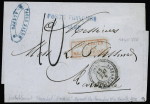 ALEXANDRETTE Lettre non affranchie avec CAD perlé T22 "Alexandrette" (1862) + griffe bleue "Poste française d'Alep" et taxe 10 manuscrite, ind 22, TB