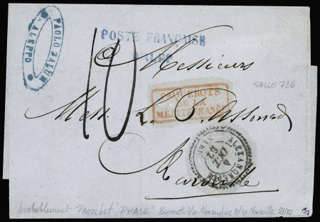 ALEXANDRETTE Lettre non affranchie avec CAD perlé T22 "Alexandrette" (1862) + griffe bleue "Poste française d'Alep" et taxe 10 manuscrite, ind 22, TB