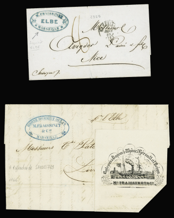 4 plis maritimes divers dont 2 avec cachet ovale bleu de la Cie Fraissinet de Marseille dont l'un mentionnant le paquebot Elbe. TB