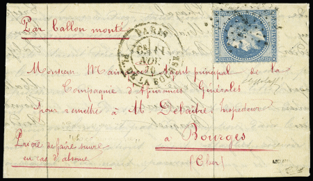 LE DAGUERRE N°29 OBL étoile 1 + CAD "Paris Pl. de la Bourse" (11 nov 70) sur ballon monté pour Bourges sans arrivée  (Le Daguerre, ballon capturé), TB