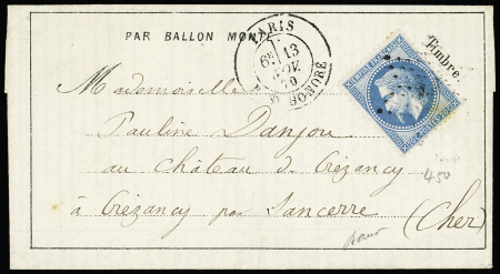L'ARCHIMEDE N°29 OBL étoile 11 + CAD "Paris R. St Honoré" (13 nov 70) sur dépêche-ballon n°3 pour Sancerre (Cher), arrivée 29 nov (L'Archimède), TB
