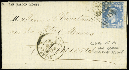 LE FRANKLIN N°29 OBL étoile 8 + CAD "Paris R. d'Antin" (4 dec 70) sur Gazette des Absents n°13 pour Amiens sans arrivée (territoire occupé) (Le Franklin), TB