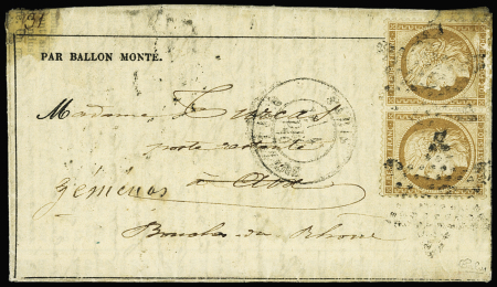 LE FRANKLIN N°36 en paire OBL étoile 2 + CAD "Paris R. St Lazare" (1 dec 70) sur gazette des Absents n°12 pour Aix-en-Provence, Bouches-du-Rhône (arrivée 9 dec) réexpédiée à Géménos avec 2 CAD de Marseille (8 et 10 dec 7