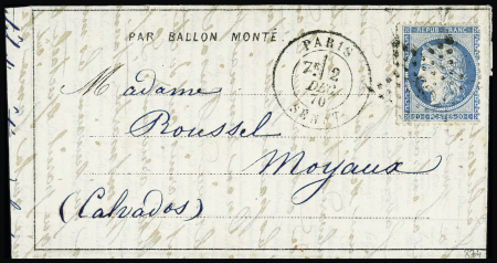 LE FRANKLIN N°37 OBL étoile 6 + CAD "Paris Sénat" (2 dec 70) sur Dépêche ballon n°11 pour Moyaux (Calvados) avec arrivée 7 dec (Le Franklin), TB