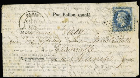 L'ARMEE DE BRETAGNE N°29 OBL étoile 24 + CAD "Paris R. de Cléry" (5 dec 70) sur ballon poste n°10 pour Granville, Manche, avec CAD ambulant de nuit "Paris à Granville A" (8 dec 70) (L'Armée de Bretagne), TB