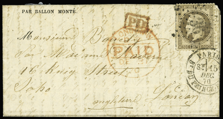 LE PARMENTIER N°3 OBL étoile 36 + CAD "Paris Bt du Prince Eugène" (15 dec 70) sur Gazette des Absents n°16 pour Londres avec arrivée 15 dec (Le Parmentier), TB