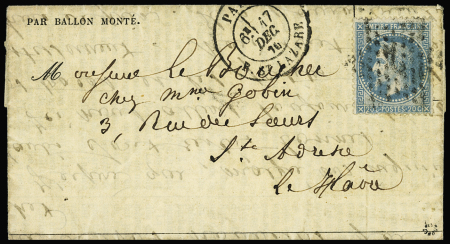 LE DAVY N°29 OBL étoile 2 + CAD "Paris R. St Lazare" (17 dec 70) sur Gazette des Absents n°17 pour Le Havre, Seine-inférieure (arrivée 23 dec), Le Davy, TB