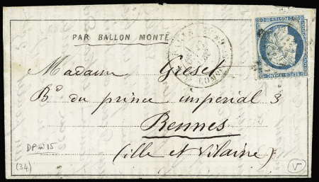 LE DAVY N°37 OBL étoile 20 + CAD "Paris R. St DOMque St Gn 53" (17 dec) sur dépêche-ballon n°15 pour Rennes, Ille et Vilaine, avec arrivée 23 dec (Le Davy probable), TB