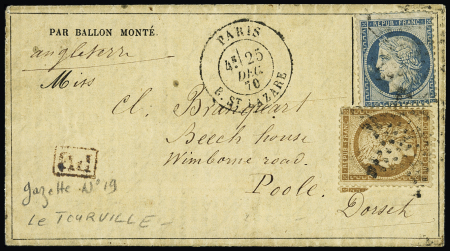 LE TOURVILLE N°36 + 37 obl ETOILE 2 + CAD "Paris R. St Lazare" (25 dec 70) sur Gazette des Absents n°19 pour Poole (Grande-Bretagne) sans arrivée (Le Tourville)