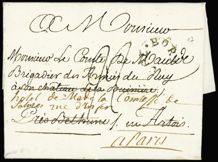 Lettre de Bordeaux pour Béthune réexpédiée à Paris avec au verso MP partiellement manuscrite "Deb de Béthune", ind 20. TB