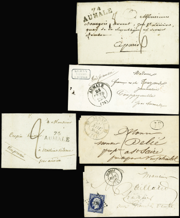 6 lettres dont MP "Deb 74 Aumale" (1827 - ind 21). TB