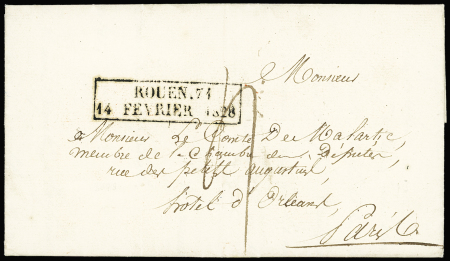 Cachet d'essai rect "Rouen 74 14 février 1828", ind 22. TB