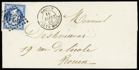 N°22 OBL GC 3219 + T15 "Rouen boite mobile" (1866) sur lettre, ind 21. TB