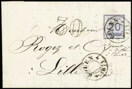 Alsace n°6 OBL CAD provisoire "Rouen 1871" sur lettre pour Lille avec taxe 30 double-ttrait en noir. TB