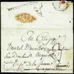Lettre avec au verso cachet ovale rouge "Deb d'Amiens", port payé orné (L n°26 - An9) + MP noire "Deb de Doullens (ind 20). RR et TB. Certificat Baudot. TB