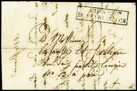 Cachet d'essai rect "Amiens 76 20 fev 1828", ind 25. RR