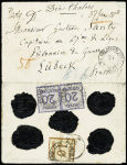 Alsace Lorraine n°5 + 6 en paire verticale OBL CAD rond "K. PR feldpost-relais n°12" au verso d'une lettre chargée adressée à un prisonnier français à Lubeck. TB
