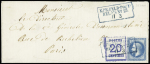 CAD encadré bleu K. PR feldpost / relais n°27 / 11.3 (71) (basé à Sedan) / Als n°6 + n° 29 sur lettre de Sedan datée du 10 mars 71 pour Paris. Exceptionnel affranchissement mixte d'Alsace Lorraine avec 20c Empire Lauré