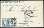 n°60 + Alsace n°6 OBL CAD "Haguenau i Elsass" (13.10.71), sur lettre pour Beaune (l'ensemble des timbres a été oblitéré du cachet allemand alors que l'affranchissement français aurait dû être annulé d'un cachet français)