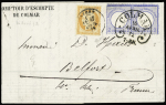N°38, 40c orange, OBL T17 Belfort (17 avril 1872) + Allemagne n°5 OBL fer à cheval Colmar sur lettre en double port de Colmar pour Belfort. TB
