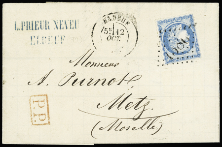 N°60 OBL GC 1386 + T17 Elbeuf (12 oct 71) + "PP" encadré rouge sur lettre pour Metz. Rare et TB