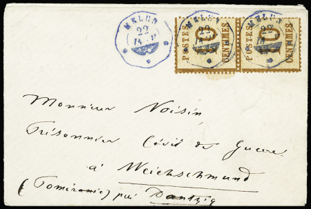 Alsace n°5 en paire OBL CAD provisoire ondulé bleu "Melun" (22 janv 71) sur lettre adressée à un prisonnier français à Weichschmund près de Dantzig. Rare et TB