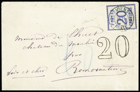 Alsace n°6 OBL cachet provisoire bleu "Amiens poste 1871" sur lettre d'Amiens (zone occupée) pour Romorantin (zone occupée) indûment taxée avec taxe allemande 20 au crayon bleu et 20 double-trait en noir. Arrivée 5 mars 