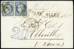 N°37 en paire OBL étoile 23 + CAD "Paris rue d'Aligre" (5 fev 71) sur lettre pour Abbeville avec griffe noire "taxe allemande" d'Amiens (62mm) + taxe 20 double-trait en bleu. Rare et TB