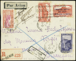 Réunion n°113 + 128 + 136 + PA n°1 OBL St Denis (26.1.37) sur lettre de la 1ère liaison Réunion -France avec signatures des 3 aviateurs Laurent, Touge et Lénier (Muller n°5). TB