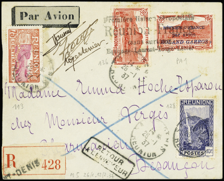 Réunion n°113 + 128 + 136 + PA n°1 OBL St Denis (26.1.37) sur lettre de la 1ère liaison Réunion -France avec signatures des 3 aviateurs Laurent, Touge et Lénier (Muller n°5). TB