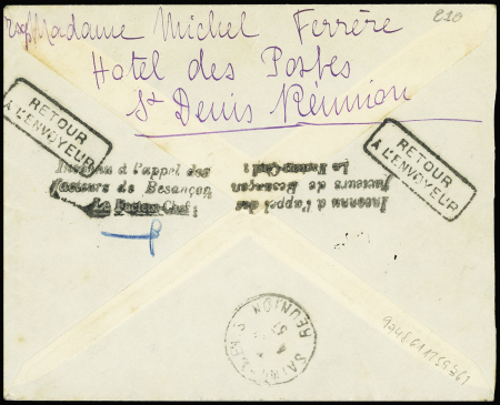 Réunion n°113 + 128 + 136 + PA n°1 OBL St Denis (26.1.37) sur lettre de la 1ère liaison Réunion -France avec signatures des 3 aviateurs Laurent, Touge et Lénier (Muller n°5). TB