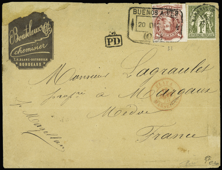 N°72 OBL Marseille + Argentine n°33 OBL Buenos Aires (1877) sur lettre de Buenos Aires pour la France. Double AFF rare et TB, signé Calves et Roumet