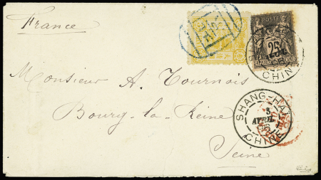 N°97 OBL Shanghaï (1896) + Chine n°9 sur lettre pour la France avec au verso CAD Customs Tien Tsin, Customs Shang-Haï et Customs Peking. Rare et TB. Signé Calves